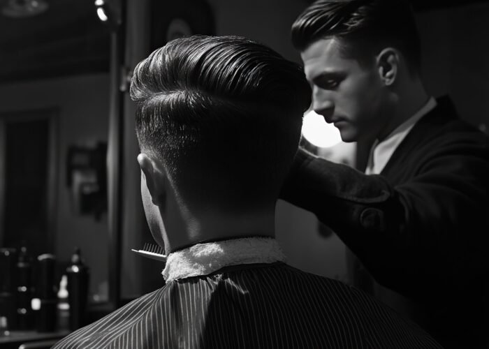 A barber performing a traditional short back and sides cut, capturing the essence of classic grooming.